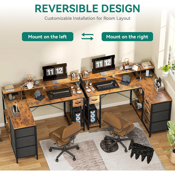 Подібний письмовий стіл із USB-портом для зарядки та розеткою, двосторонній кутовий стіл із 4 шухлядами та полицею, ігровий стіл із підставкою для монітора, 140x100 см, комп&39ютерний стіл для офісу, коричневий