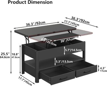 Регульований по висоті журнальний столик з шухлядами та потайним відділенням, стіл для вітальні, що трансформується в обідній стіл, чорний