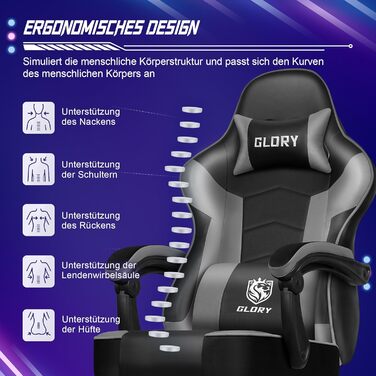 Ергономічне ігрове крісло з підставкою для ніг, ігрове офісне крісло з вантажопідйомністю 150 кг, ігрове крісло зі штучної шкіри, регульоване по висоті ігрове крісло для підлітків та дорослих, сірий колір