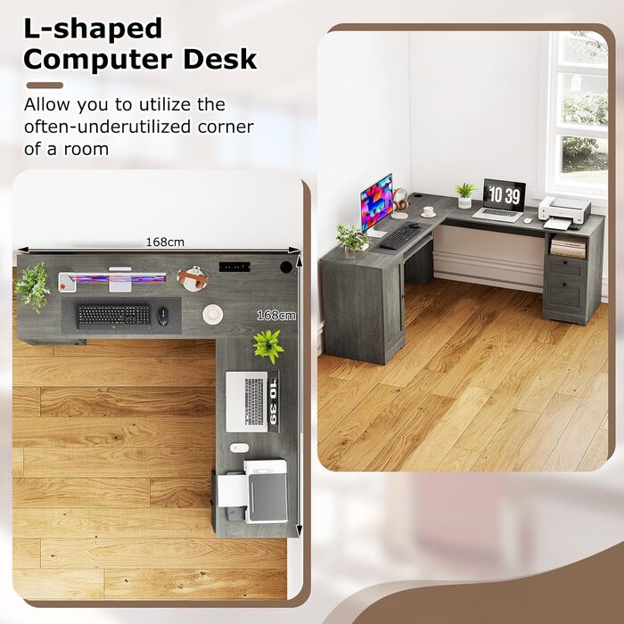 Комп&39ютерний стіл GIANTEX L-подібної форми з вбудованою зарядною станцією, кутовий стіл з підставкою для клавіатури та висувними шухлядами, офісний стіл для 2 осіб з шафою для зберігання та регульованою полицею (сірий)
