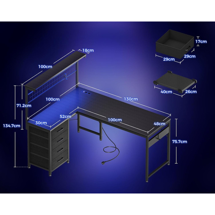 Ігровий стіл Coleshome зі світлодіодним підсвічуванням, 130 x 100 см, двосторонній ігровий стіл з шухлядами та розетками, кутовий стіл з відділенням для зберігання та полицями, чорний колір з вуглецевого волокна 130 x 100 см, чорний колір з вуглецевого во