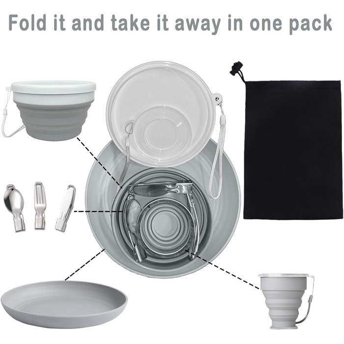 Складаний похідний набір посуду на 6 осіб з нержавіючої сталі (ніж, ложка, виделка), чашка, миска, тарілка та сітчастий мішок ідеально підходить для подорожей, кемпінгу, пікніків та активного відпочинку.