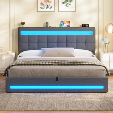 М&39яке ліжко 160x200 см із зарядною станцією та світлодіодним освітленням, каркас двоспального ліжка з місцем для зберігання, узголів&39ям та рейковою основою, плаваючий візуальний ефект, сучасний лляний каркас ліжка, матрац не входить до комплекту, темн
