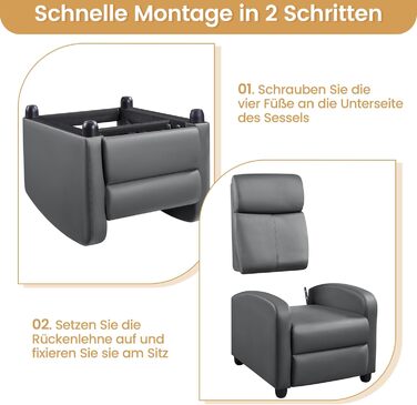 Крісло для телевізора Yaheetech з розкладним кріслом, функцією відкидання та регульованою підставкою для ніг, одномісний диван, штучна шкіра сірого кольору