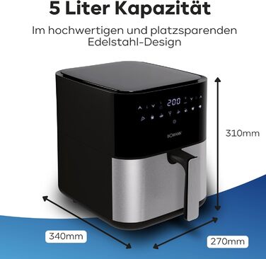 Фритюрниця Bomann XXL - фритюрниця 5 л Гаряче повітря для знежиреного смаження Мультипіч з нержавіючої сталі з цифровим сенсорним екраном Потік повітря на 360 Фритюрниця з 8 програмами FR 6069 H CB Чорний/Нержавіюча сталь *Модель 2024*