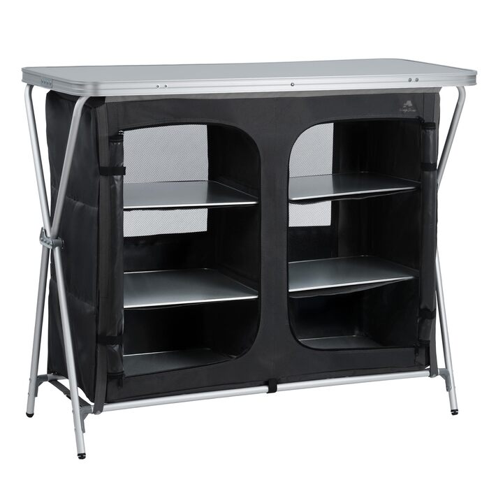 Складана кемпінгова шафа CampFeuer 110 см x 47 см x 90 см Кемпінгова кухня з 2 отворами на блискавці Кемпінгова полиця з алюмінієвою рамою, складна кемпінгова шафа, кемпінгова кухня, кемпінгові меблі