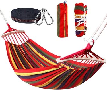 Гамак Outdoor Cotton 280 x 160 см, HOSPAOP Double Hammock Bar Гамак для внутрішнього приміщення, відкритого балкона, саду, кемпінгу, пляжу, портативний і дихаючий вантажопідйомність 300 кг Red Stripe