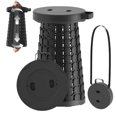 Портативний телескопічний стілець, портативний складаний стілець, висувний складаний стілець для кемпінгу, риболовлі, подорожей, барбекю, походів, регульований складаний стілець, складний стілець, вантажопідйомність 280 кг з карабіном, чорно-білий, 25x25x