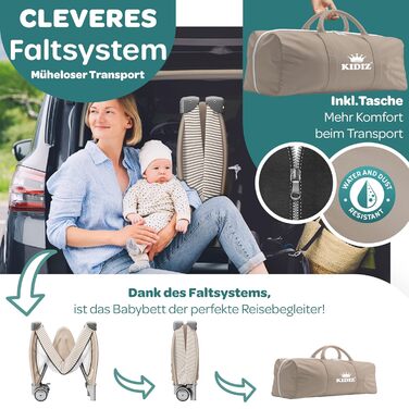 Дитяче ліжечко Kidiz Baby Travel Cot, складне дитяче ліжечко з матрацом та колесами 120x60, бічний вхід, пеленальний килимок, москітна сітка та сумка для перенесення, дитяче ліжечко, дитяче ліжко від народження до 15 кг, чорне