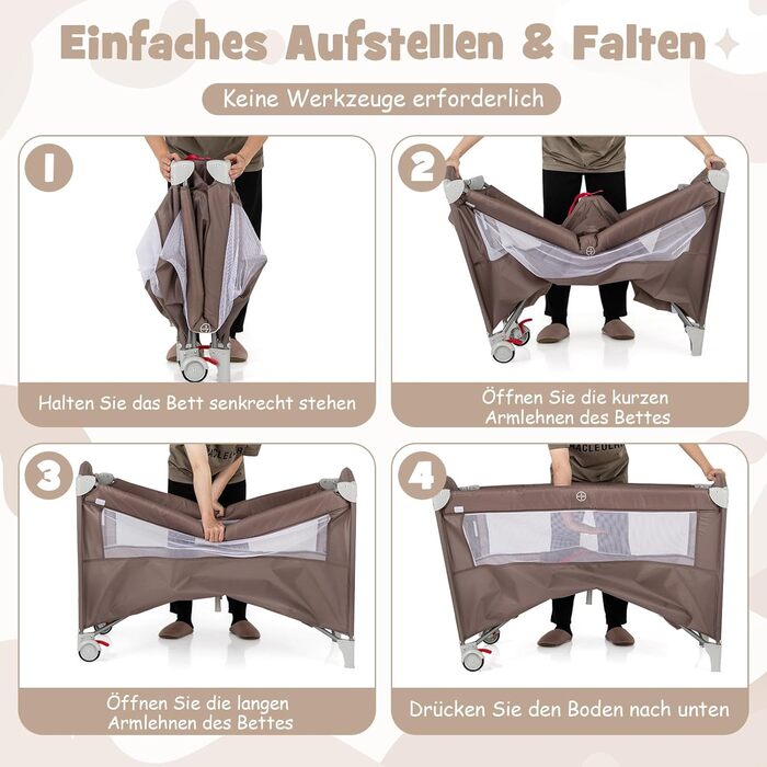 Складана приліжкова ліжечка COSTWAY 5 в 1, дорожнє ліжечко з матрацом, 2-рівневе дитяче ліжечко з колесами, ігрова арка та пеленальний килимок, колиска з люлькою для дитини до 3 років (коричневий)