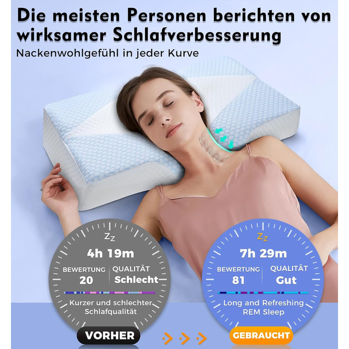 Ортопедична подушка з піни з ефектом пам&39яті, подушка для підтримки шиї від болю в шиї та плечах з охолодженням, чохол, що прається ергономічна подушка для сну та комфорту для сну на боці та спині, синьо-біла (63,5 см * 40,6 см * 10,7/13,2 см)