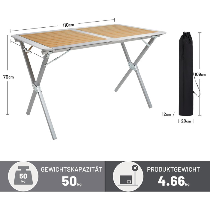 Складаний кемпінговий стіл TIMBER RIDGE 110x70 см, розкладний стіл для 4-6 осіб, алюмінієвий розкладний стіл зі стільницею, що згортається, сумка для перенесення, імітація дерева, для пікніків, саду, походів, подорожей