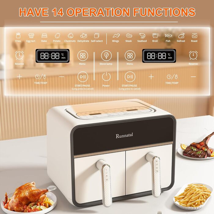 Двозонна фритюрниця Runnatal з оглядовим вікном, мультипіч 8 л, 2100 Вт, 2 відділення, двокамерна фритюрниця 14 в 1 з вегетаріанськими та м'ясними горщиками, 2 камери фритюрниці, антипригарне покриття