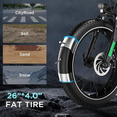 Електричний велосипед HITWAY E-Bike для дорослих 26 дюймів 4.0 Fat Tire, гірський електричний велосипед 48V 15Ah, Pedelec, 7 швидкостей, до 70-150 км, зарядний пристрій акумулятор 48V 15Ah, чорний