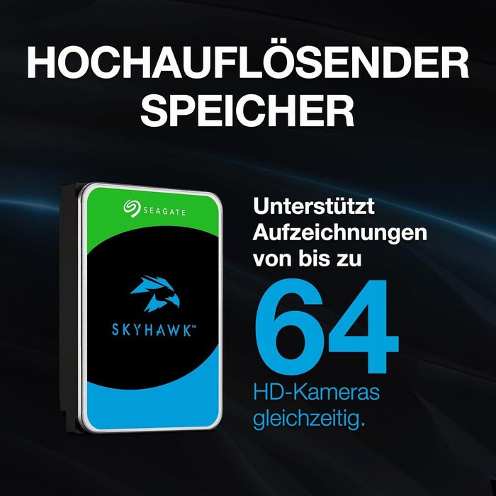 Внутрішній жорсткий диск Seagate SkyHawk 4 ТБ, запис відео до 64 камер, 3,5 дюйма, 64 МБ кеш-пам'яті, SATA 6 ГБ/с, сріблястий, FFP, вкл. 3 роки служби порятунку, номер моделі ST4000VXZ16