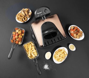 Олійна фритюрниця Bestron XL з 3 кошиками для смаження, включаючи технологію холодної зони та знімний контейнер для олії, 4 літри, можна мити в посудомийній машині, 2000 Вт, нержавіюча сталь, колір мідь