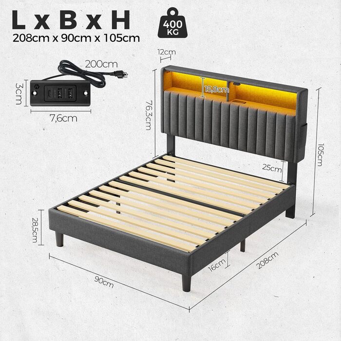 Ліжко Seventable 90x200 із зарядною станцією, металеве ліжко з м&39яким узголів&39ям та світлодіодним підсвічуванням, каркас ліжка з дворівневою полицею, ідеально підходить для дитячих кімнат, кімнат підлітків (сірий) сірий 90 x 200 см