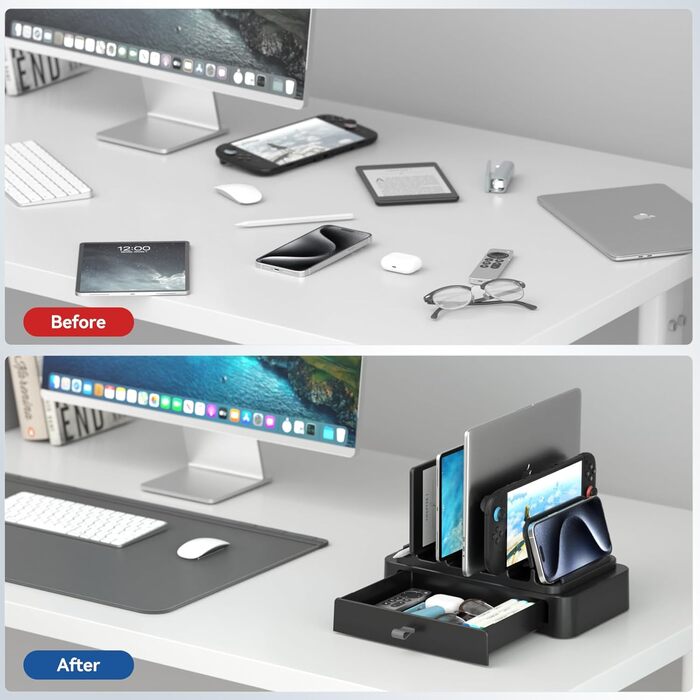 Універсальна підставка для ноутбука KDD 7-в-1 з висувною шухлядою компактний органайзер для MacBook, Dell, HP, Chromebook, Surface Pro, планшетів, телефонів, Switch та клавіатур з надійним гравітаційним фіксатором