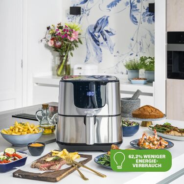 Фритюрниця Princess XXL на 5,5 літрів на 62,2 менше споживання енергії Цифрова фритюрниця Deluxe 8 програм Нержавіюча сталь Без масла Aerofryer 182060, Срібло ЗВИЧАЙНИЙ ДИЗАЙН 5,5 Л