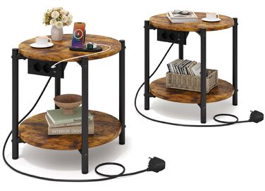 Круглий тумбовий набір з 2 шт. , бічний столик з розеткою, порт USB-C, маленький столик з дерева та металу, журнальний столик для дивана, стіл для вітальні, 2 полиці для спальні (вінтажний коричневий, 2 шт.)