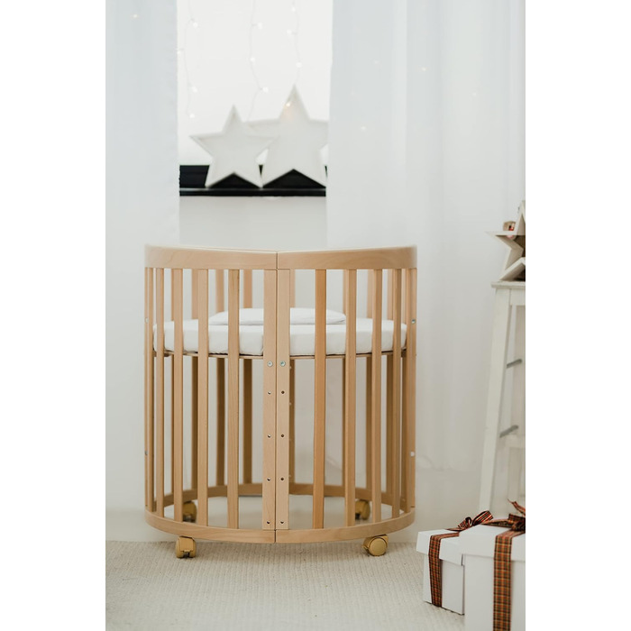 Дитяче ліжко Waldin Oval, комплект трансформованого 7-в-1, ліжечко, дитяче ліжечко з матрацом, пеленальний столик, приліжкове ліжечко, натуральне дерево, комплект тканини не входить до комплекту