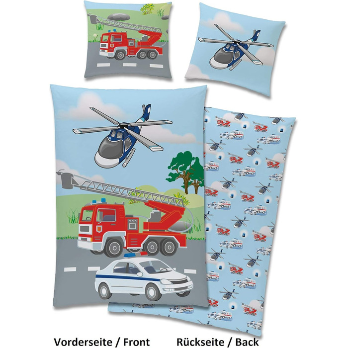Дитяча постільна білизна Familando з мотивом поліцейської пожежної бригади з 100 бавовни - постільна білизна з двостороннім мотиво