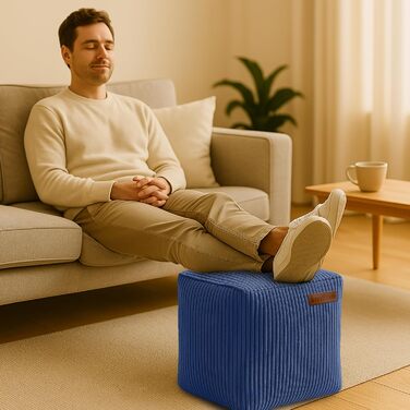 Пуф-куб Green Bean Indoor Corduroy 40x40x40 см з наповнювачем з EPS-бісеру - приємний на дотик і можна прати - ідеальне доповнення до крісла-мішка для дітей та дорослих - Темно-синій куб - Темно-синій Оксфорд-блакитний