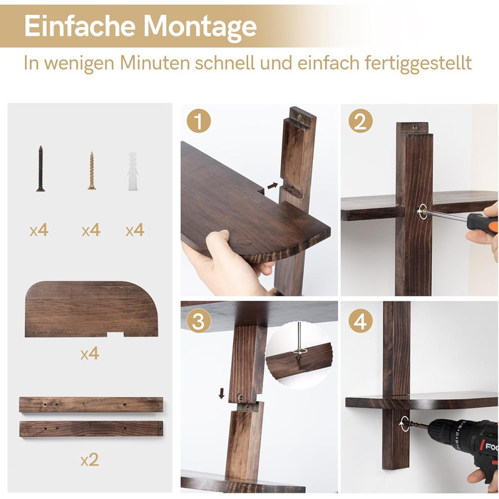 Настінна полиця Afily Vintage Wooden Wall Shelf, 4 рівні вертикальна плаваюча полиця коричневого кольору із закругленими кутами, компактна підвісна полиця з масиву дерева, настінний декор для ванної кімнати, кухні, вітальні