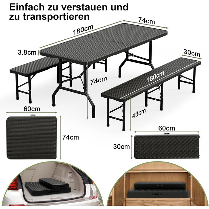 Набір для пивного саду, 3 предмети, 1 пивний стіл 2 пивні лавки, складаний набір для пивного саду з ручками для перенесення, комплект пивних столів 180 см з ротанговим ефектом, водонепроникний, чорний. 1 пивний стіл 2 пивні лавки, чорний.