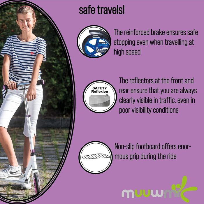 Алюмінієвий самокат Muuwmi - самокат з колесами 200 мм ABEC 5 GS-тестований регульований по висоті механізм складання нековзний ун