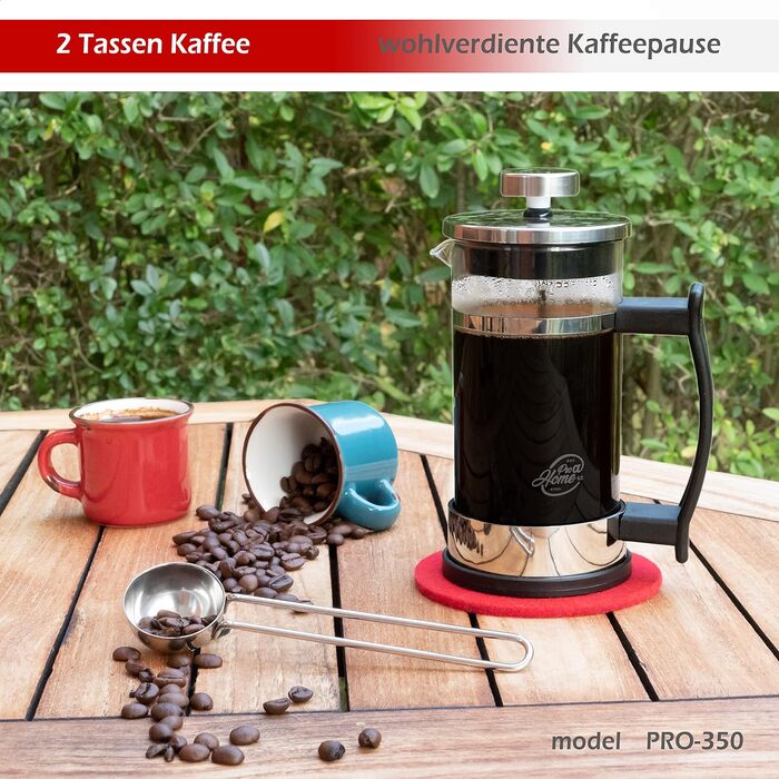 Кавоварка френч-прес 0,35 л на 2 чашки (також 0,6 л), скляний прес для кави, чайник і кавоварка маленька, в т.ч. кавова ложка з нержавіючої сталі та подарункова коробка, хром, 43