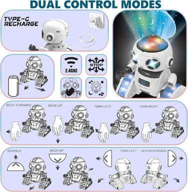 Робот дитяча іграшка, акумуляторна іграшка робот з проектором зоряного неба для дітей, нічник для дітей, музика, датчик жестів, іграшка від 5 6 7 8 років хлопчики подарунок дівчаткам білий/пишний сад