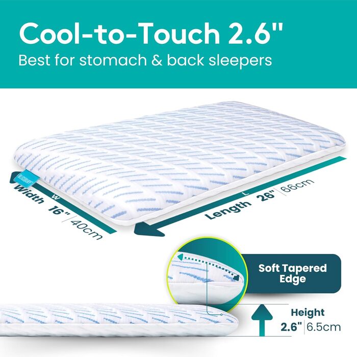 Охолоджувальна подушка з піни з ефектом пам&39яті BLISSBURY, товщина 6,6 см, для сну на животі та на спині, розмір &quotqueen-size&quot, знімний чохол Cool-Tech, сертифікована CertiPUR-US охолоджувальна (біла)