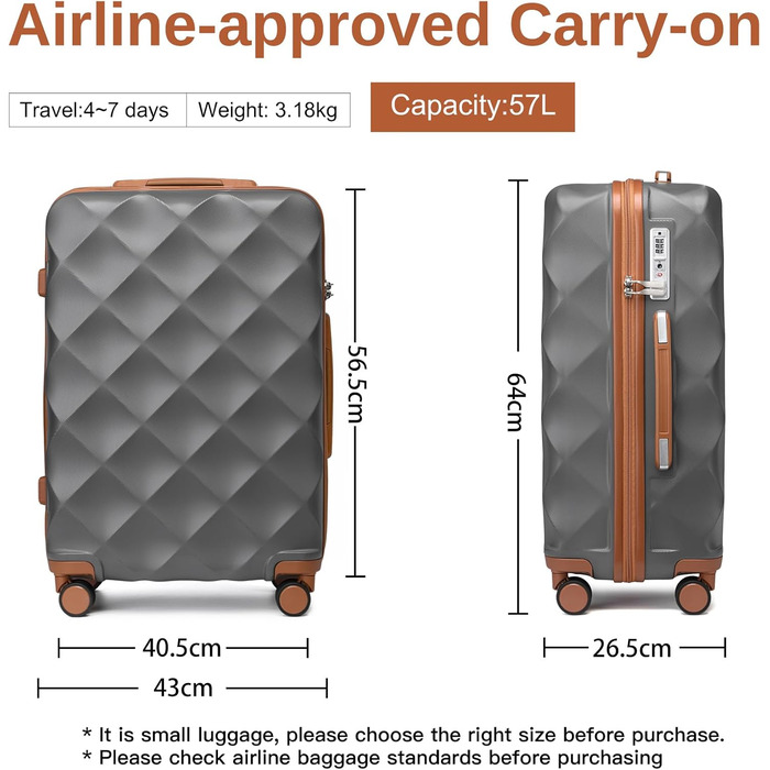 Валіза British Traveller з жорсткою оболонкою середнього розміру 64 x 43 x 26,5 см, дорожня валіза з ABS PC із замком TSA, 4-колісна валіза на візках для подорожей та бізнесу, сіро-сіра M (64 см 57 л)