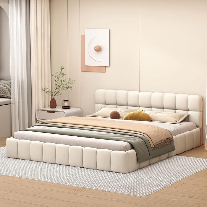 Ліжко з м&39якою оббивкою Bubble 140x200, двоспальне ліжко з м&39якою оббивкою 140x200 бежеве, дитяче ліжко, плоске ліжко для гостей, каркас ліжка з рейковою основою та узголів&39ям, лляне, без матраца (бежевий, 140x200 см) бежевий 140x200 см