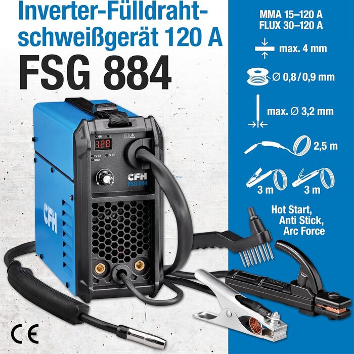 Зварювальний апарат CFH FSG 884 (120 А) MMA та Flux (без газу), з функціями Hot Start, Anti Stick та Arc Force, для електродів Ø 1,53,2 мм та порошкового дроту Ø 0,8/0,9 мм, товщина матеріалу до 4 мм