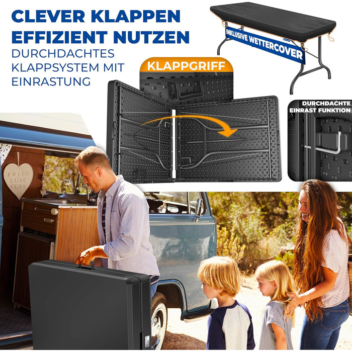 Стіл-фуршет KESSER, складний пластиковий стіл, 183x76 см, кемпінговий стіл, стіл для вечірки, розкладний стіл, садовий стіл для саду, патіо та балкону, складаний, на 6 осіб, в комплекті чохол та ручка для перенесення, антрацит