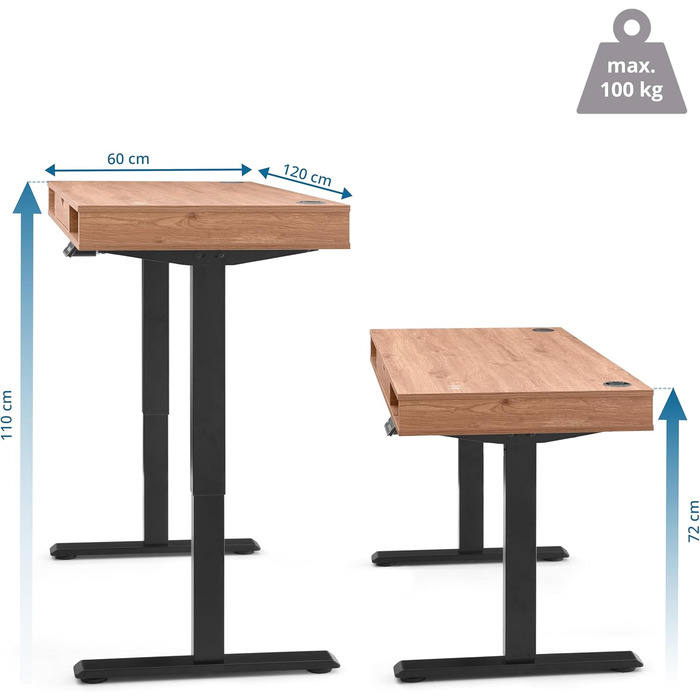 Робочий стіл у стилі Worktime 120x60 см Робочий стіл з електричним регулюванням висоти, функцією пам&39яті, зворотним відліком часу стоячи, USB-хабом, шухлядою та відділеннями для зберігання, дуб/чорний