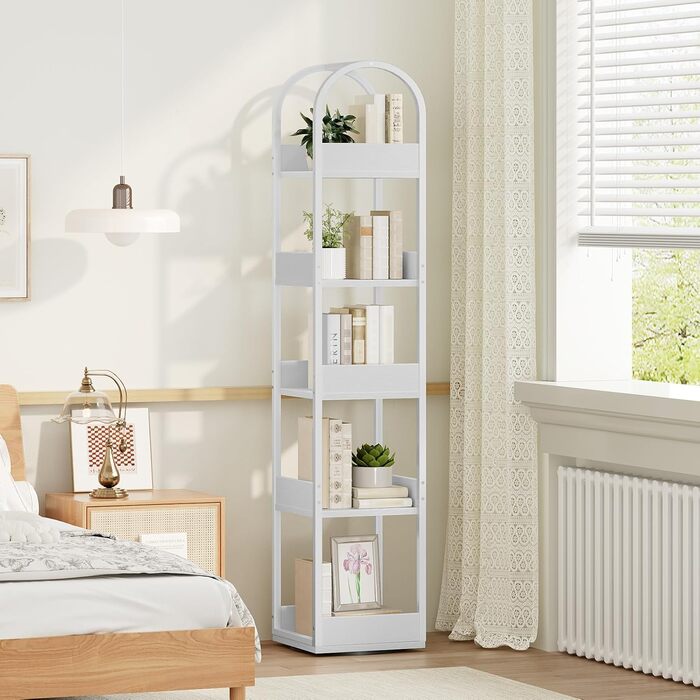 Обертова на 360 5-ярусна книжкова полиця, окремостояча полиця із захистом країв, 30 x 30 x 160 см, полиця для зберігання, для вітальні, кабінету, біла ABKBW3501