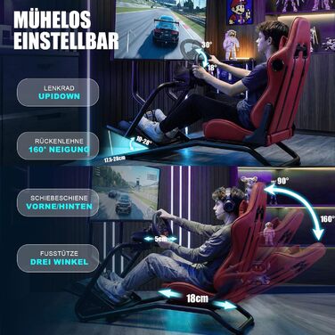 Підставка для керма гоночного симулятора з 3D стереодинаміками, кріпленням для монітора, регульованим кріпленням керма, кріпленням для важеля перемикання передач та педалями (бордовий)