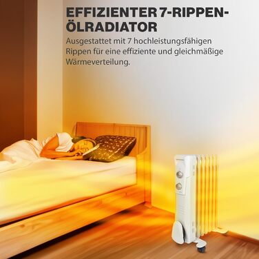 Масляний радіатор Clatronic Ефективний портативний обігрівач Електричний обігрівач із 7 ребрами Радіатор із 3 рівнями потужності Тонкий радіатор До 30 кв. м 1500 Вт RA 3735 1500 Вт, 7 ребер
