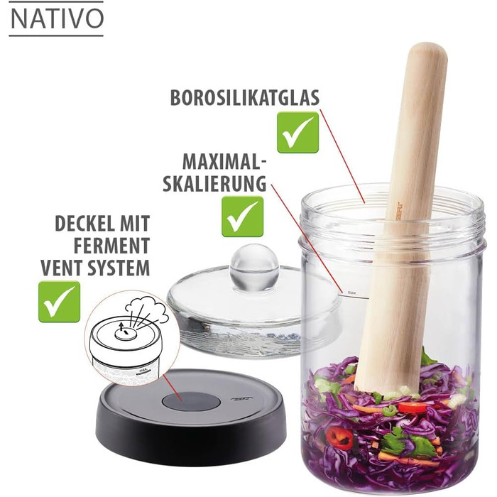 Банка для бродіння GEFU NATIVO 1 літр, включаючи вагу, банка для бродіння з вагою та кришкою, прозора, для маринування, бродіння 1 літр (без товкача та щипців)