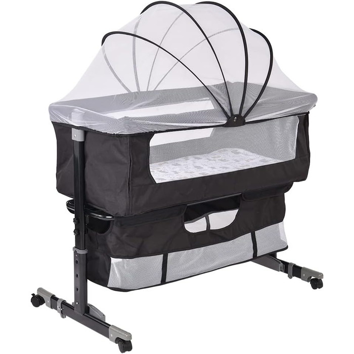 Дитяча колиска LANTUS, люлька, дорожнє ліжечко, складне дитяче ліжечко, бічне ліжко, колиска-гойдалка з функцією гойдання, включаючи москітну сітку, матрац та сумку (92 * 58 * 70-90 см (чорна))