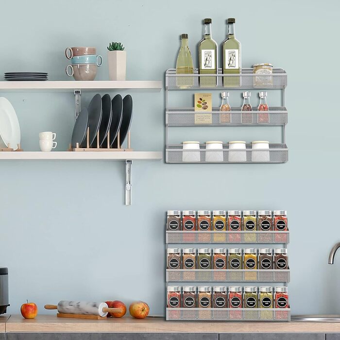 Стійка для спецій, Органайзер, 3 рівні, Окремостояча або настінна, Підвісна полиця для кухонної шафи, комори, дверей комори або ванної кімнати, Косметика для душу, Хром, 2 шт. Сріблястого кольору 3 x 16 x 14 см