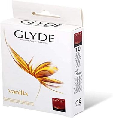 Презервативи Glyde Ultra Vanilla 10 жовтих з чуттєвим ароматом ванілі, веганські презервативи без казеїну, сертифіковані Vegan Flower.