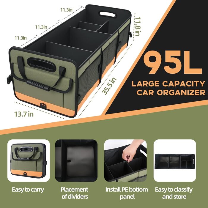 Органайзер для багажника авто, міцний органайзер для зберігання з антиковзним покриттям, об'єм 95 л, вантажний органайзер для позашляховиків, пікапів, седанів, водонепроникний, портативний, зелено-помаранчевий