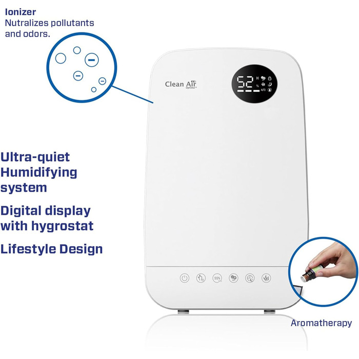 Зволожувач повітря з іонізатором і ароматерапією - Clean Air Optima CA-606W - Потужність зволоження макс. 480 мл/год - Ємність резервуара для води 5,5 л - Підходить для приміщень до 65 м/160 м.