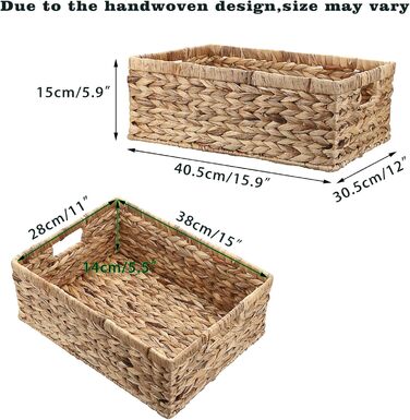 Плетений кошик для зберігання з водяного гіацинта з ручкою, плетений кошик з натуральними полицями, водонепроникний, для зберігання одягу, постільної білизни, фруктів, пива, іграшок, паперів, живих товарів (XL) 40,5x30,5x15 см