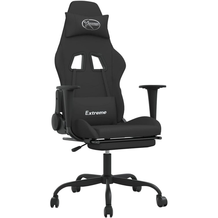 Геймерське крісло з підставкою для ніг, чорна тканина, регульована спинка та поворот на 360 градусів, дихаюче крісло з функцією відкидання та колесами для ергономіки та комфорту, 36 x 45 см (Ш x Г), чорний