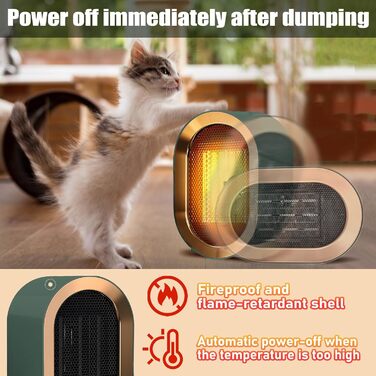 Портативний електричний обігрівач, енергозберігаючий та тихий, для ванних кімнат, невеликий електричний обігрівач, енергоефективний вентилятор-обігрівач із захистом від перегріву та перекидання, для офісу, дому, гуртожитку (зелений)